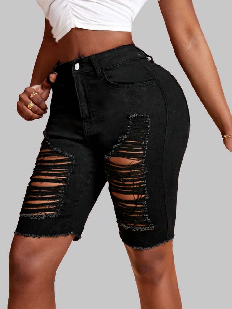 Women's Sexy High Waist Ripped Cycling Tight Denim Shorts, Black