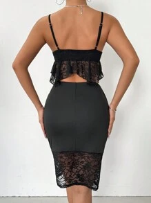 Zolique Ladies' Lace Trimmed Camisole Top & High Waist Skirt Set - Black - View 2