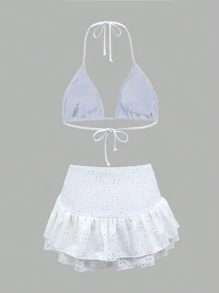 Swim Mod 夏日海滩 3 件套纯色网眼刺绣比基尼套装 - 白色 - 查看 2