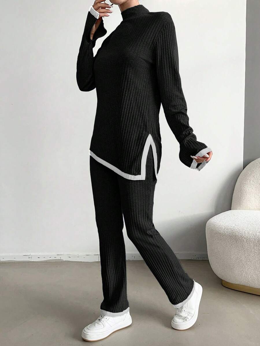 RueChic Women's Colorblocked Long Sleeve Top With Side Slit Hem And Pants Set With Trim Detail - Black - View 1