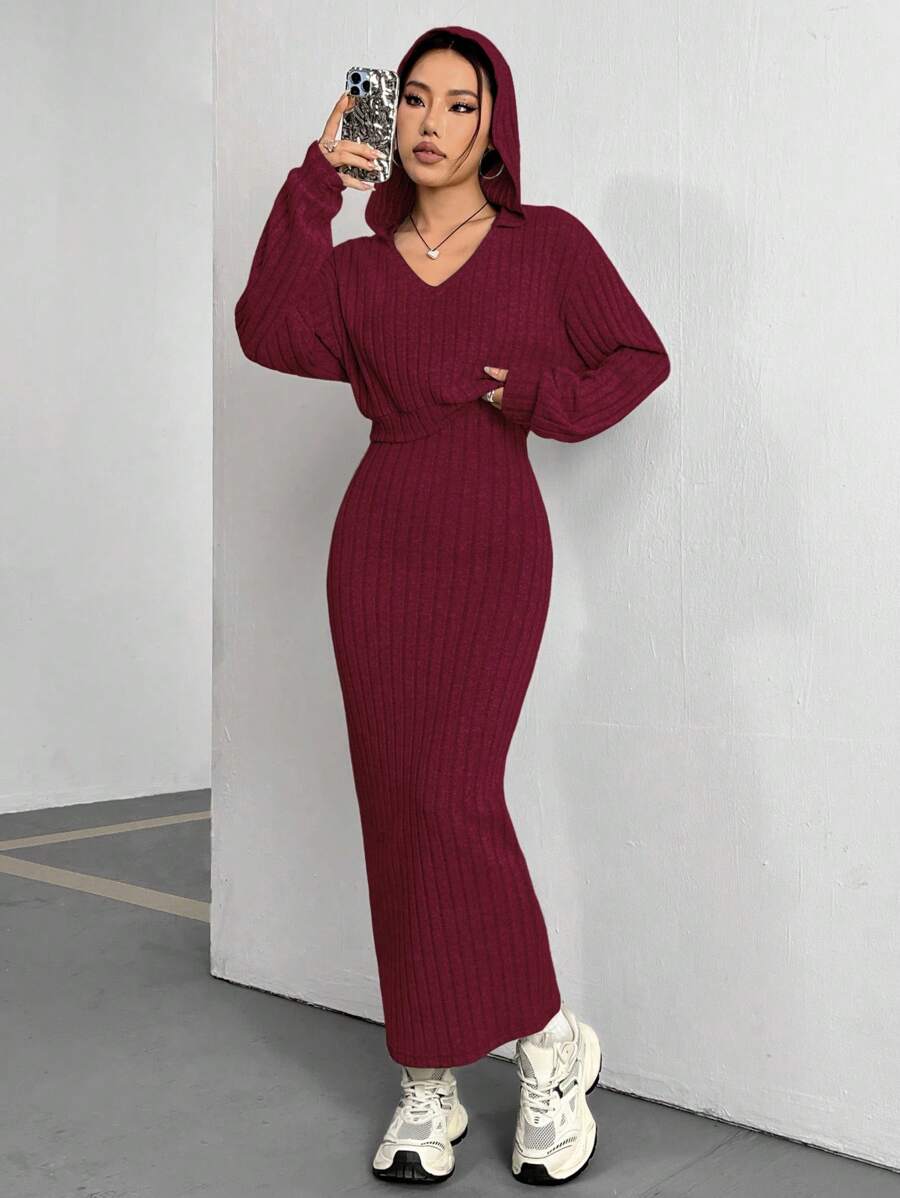 SHEIN Unity Solid Color Long Sleeve Hoodie And Sleeveless Dress Set - Burgundy - View 1