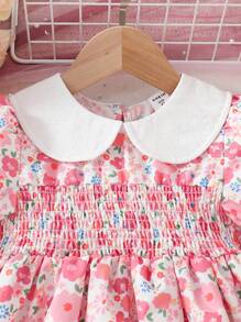 SHEIN 年轻女孩可爱田园花卉泡泡短袖连衣裙，带彼得潘领，非常适合度假 - 粉色 - 查看 6