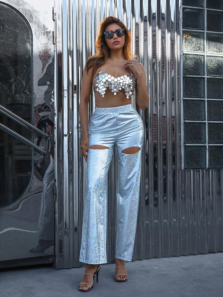 SHEIN Allurite Metallic Feeling Straight Leg Ripped Jeans - Silver - View 1