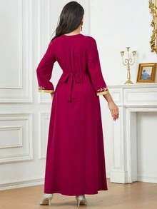 Gewebtes Kleid für Frauen mit Perlenbestickter Patchwork-Gürtel - Rot - Übersicht 2