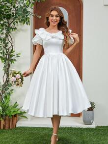 French Royal Style Lace Puff Sleeve Satin Wedding Dress With Ribbon Belt - White - View 5