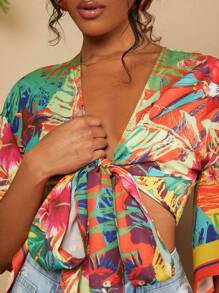 Travachic Blusa Corta Tropical Para Mujer Con Estampado Y Lazo En La Parte Delantera Y Mangas Acampanadas Para Vacaciones