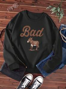 SHEIN EZwear Kích thước lớn Của phụ nữ Lá thư Thú vật In Vòng cổ Áo nỉ - màu đen - Xem 4