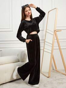 RueChic Teen Girls' Velvet Round Neck Long Sleeve Top And Pants Set