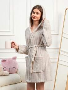 SHEIN Teen Girl Snug Fit Dressing Gown With Pocket Detail - Beige - View 5