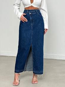 EURMUSE Women's Irregular Waist High Side Split Long Denim Skirt - Medium Wash - View 5