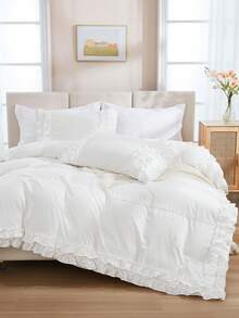 3入組雙層褶邊聚酯纖維被套,含1條蕾絲邊床裙 - 白色 - 查看 9