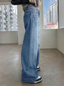 DAZY 高腰阔腿牛仔裤，水洗效果，宽松牛仔裤，返校服 - 淺色水洗藍 - 查看 4