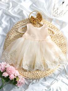 SHEIN 2pcs Newborn Baby Girls' Glitter Bow Decorated Embroidery Mesh Splice Dress With Headband For Photography - Champagne - View 8
