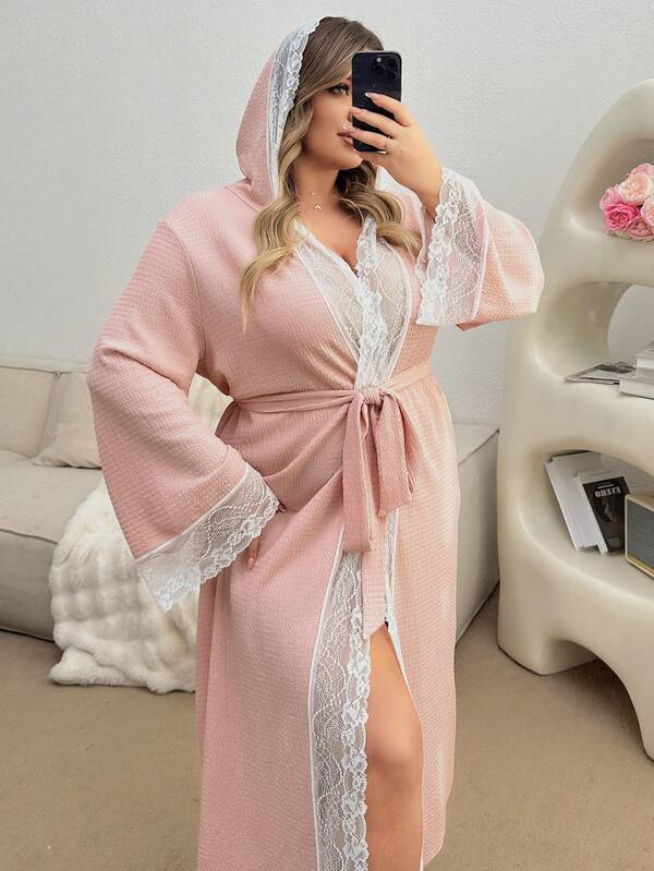 Plus Size Lace Patchwork Hooded Robe