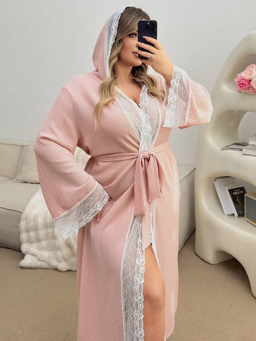 Plus Size Lace Patchwork Hooded Robe