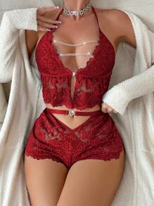 Women's Chain Detail See-Through Lace Lingerie Set - Burgundy - View 5