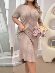 女士加大號休閒條紋半扣夜gown - 銅色 - 查看 3