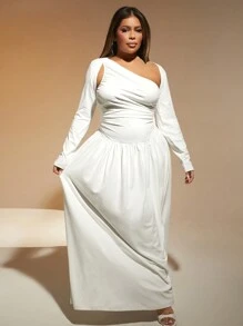 SHEIN SXY Robe longue à manches longues avec encolure asymétrique et effet ajouré pour femmes grande taille