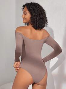 Ocili Leisure Women's Solid Color Off Shoulder Bodysuit Pajamas - Brown - View 2