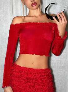 SHEIN ICON Camiseta Off Shoulder De Mujer Con Manga Larga Y Dobladillo De Volante Rojo Estilo Y2k - Rojo - Ver 7