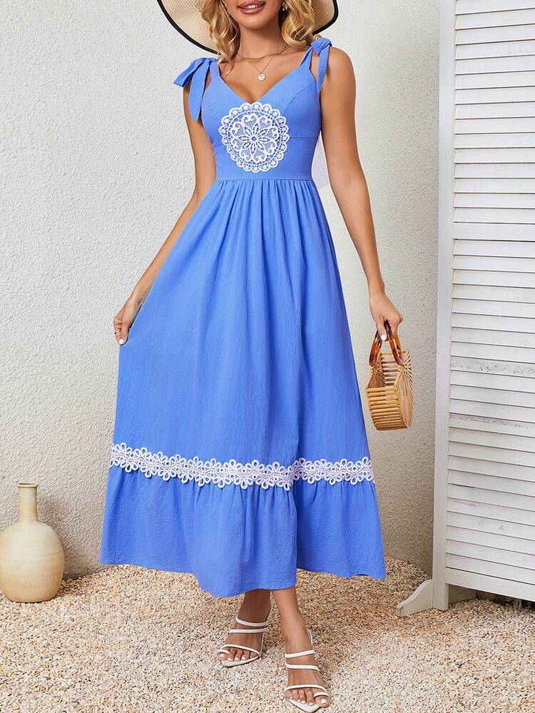 Lace Trimmed Cami Dress With Knot Detailing On Shoulder Straps Maxi Vacation Beach Outfits Women