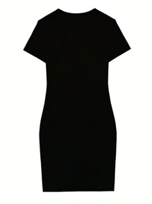 SHEIN Của phụ nữ Ngắn tay Đầm Với Mẫu khẩu hiệu - màu đen - Xem 2