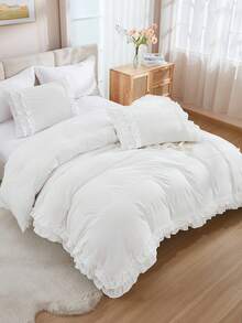 3入組雙層褶邊聚酯纖維被套,含1條蕾絲邊床裙 - 白色 - 查看 12