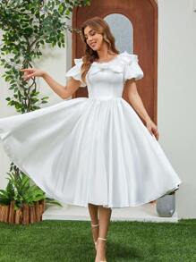 French Royal Style Lace Puff Sleeve Satin Wedding Dress With Ribbon Belt - White - View 3
