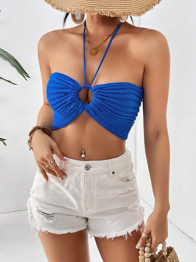 Women's Solid Color Cut-Out Halter Knitted Top