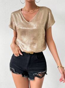 Chiquease 女性光澤v領蝙蝠袖衫 - 金色 - 查看 3
