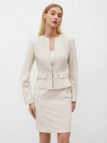 BizChic 女式双排扣长袖西装外套和配套铅笔裙套装，都市通勤商务休闲正式优雅装，秋冬 - 杏色 - 查看 2