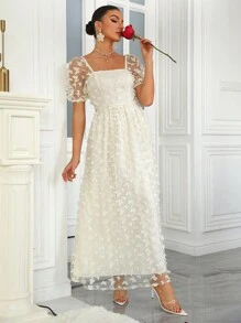 SHEIN Belle 泡泡袖蝴蝶網紗伴娘服 - 杏色 - 查看 1