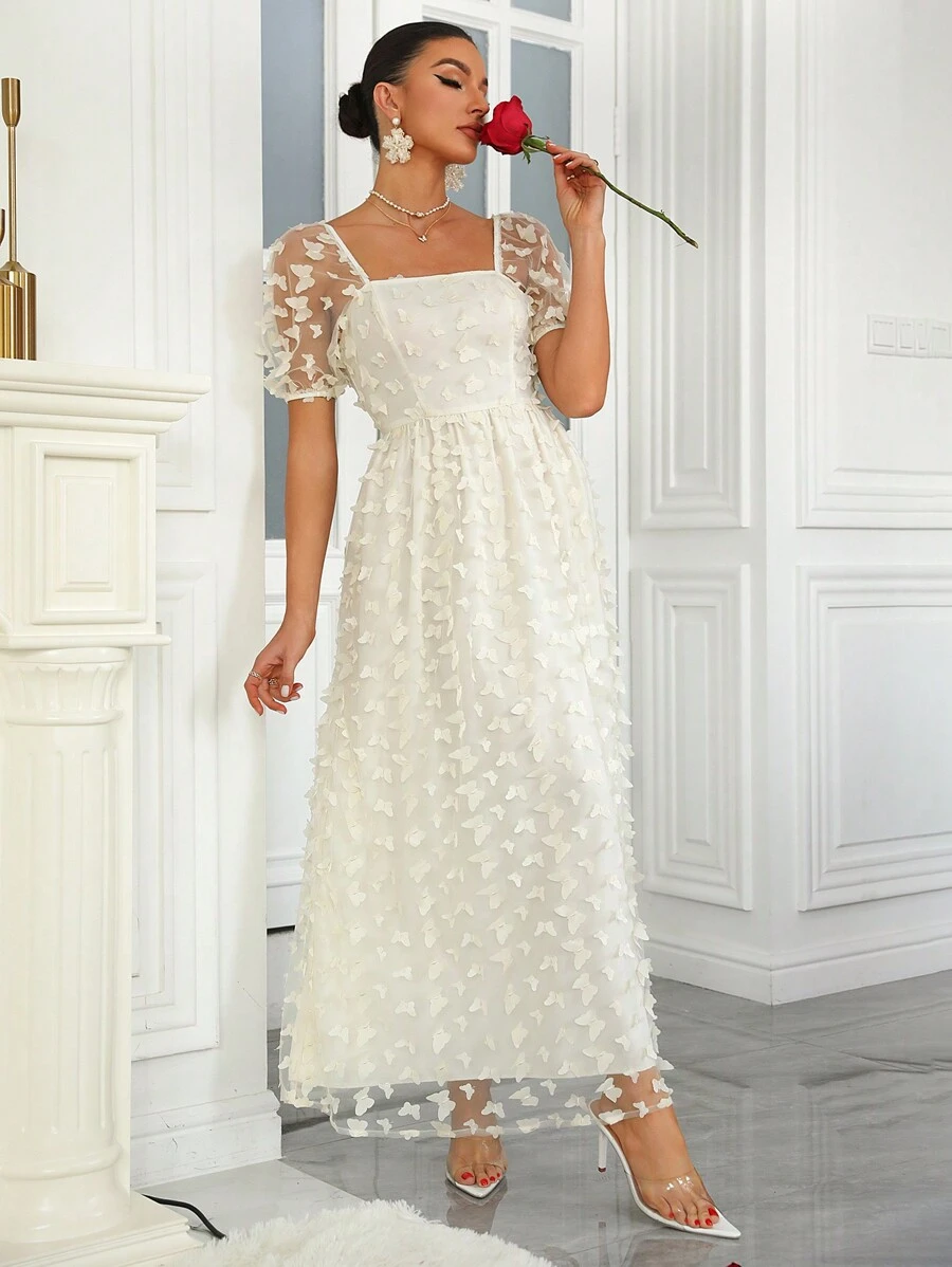 SHEIN Belle 泡泡袖蝴蝶網紗伴娘服 - 杏色 - 查看 1