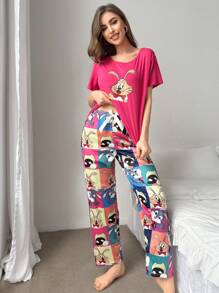 Cute Cartoon Printed Pajamas Set - Hot Pink - View 6