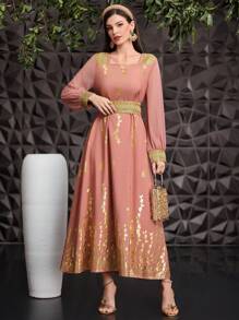 Al Najma Quý cô Vàng Hoa Cổ vuông Đầm - Hồng - Xem 8