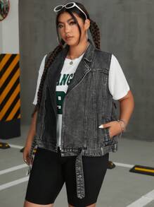 SHEIN ICON Kích thước lớn Của phụ nữ Không tay Áo khoác denim Với Đường chéo Dây kéo Thiết kế - Xám - Xem 4