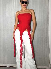 SHEIN ICON Y2K Women's Asymmetric Hem Ruched Ruffled Hem Strapless Mesh Top - Red - View 3