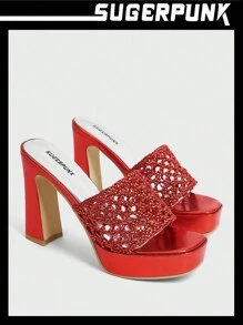 Sugerpunk Y2k編織空心厚底粗跟紅色高跟涼鞋女夏季紅色鞋子 - 酒紅色 - 查看 2