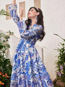 Mulvari Women's Printed Lantern Sleeve Dress With A Notched Collar - Blue - View 7