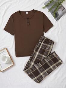 Teen Girls' Brown Plaid Pants & Brown Round Neck Short Sleeve T-Shirt 2pcs Casual Home Wear Set - Brown - View 1