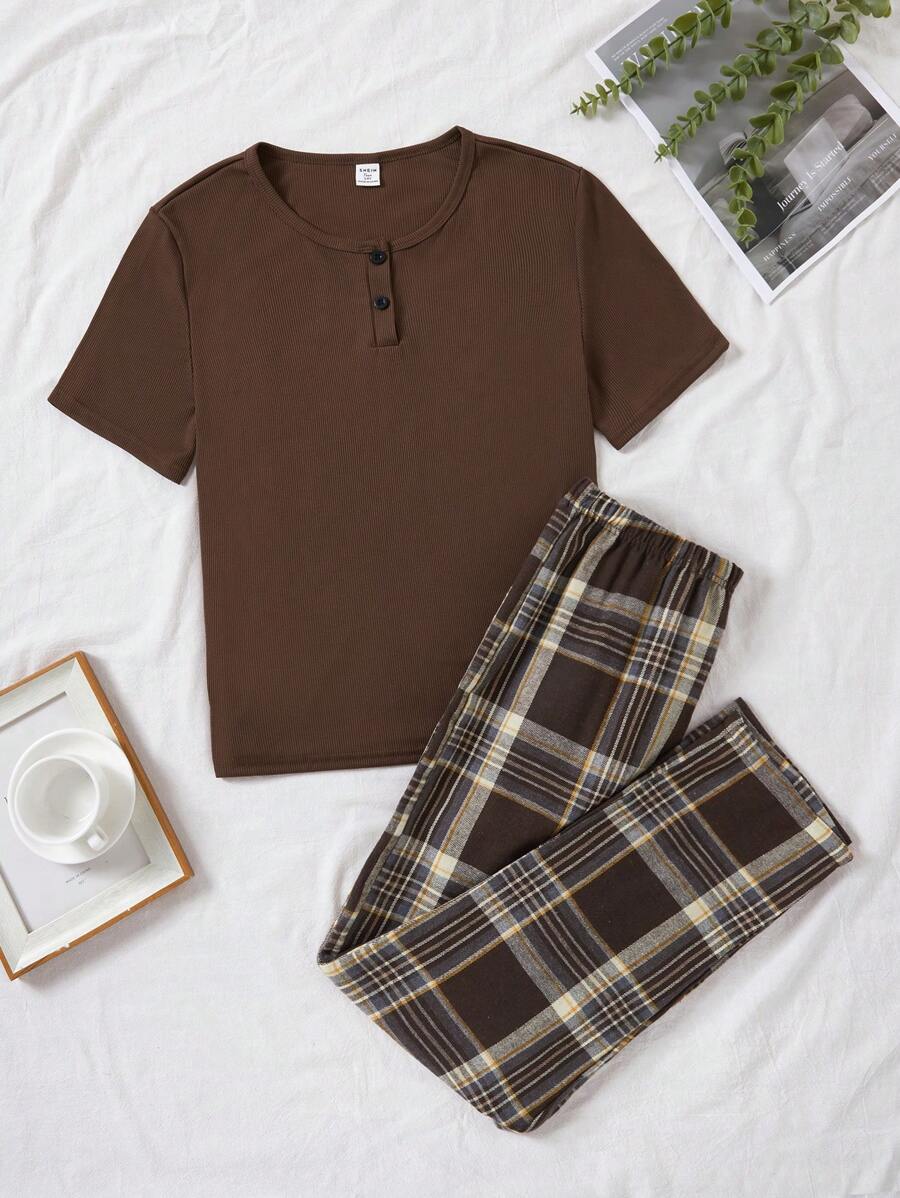 Teen Girls' Brown Plaid Pants & Brown Round Neck Short Sleeve T-Shirt 2pcs Casual Home Wear Set - Brown - View 1