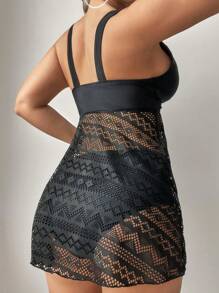 SHEIN Swim 夏季女士镂空背心上衣和三角下装泳衣套装 - 黑色 - 查看 3