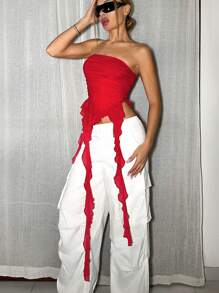 SHEIN ICON Y2K Women's Asymmetric Hem Ruched Ruffled Hem Strapless Mesh Top - Red - View 1