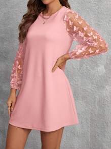 SHEIN Clasi Của phụ nữ Bướm đính Lưới Tay áo dài Đầm - Màu Hồng baby - Xem 4