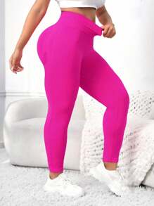 Yoga Basic 大尺碼女性單色運動緊身褲 - 玫紅色 - 查看 3