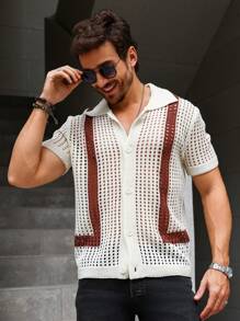 Manfinity Homme 男撞色鏤空短袖針織衫 - 杏色 - 查看 5