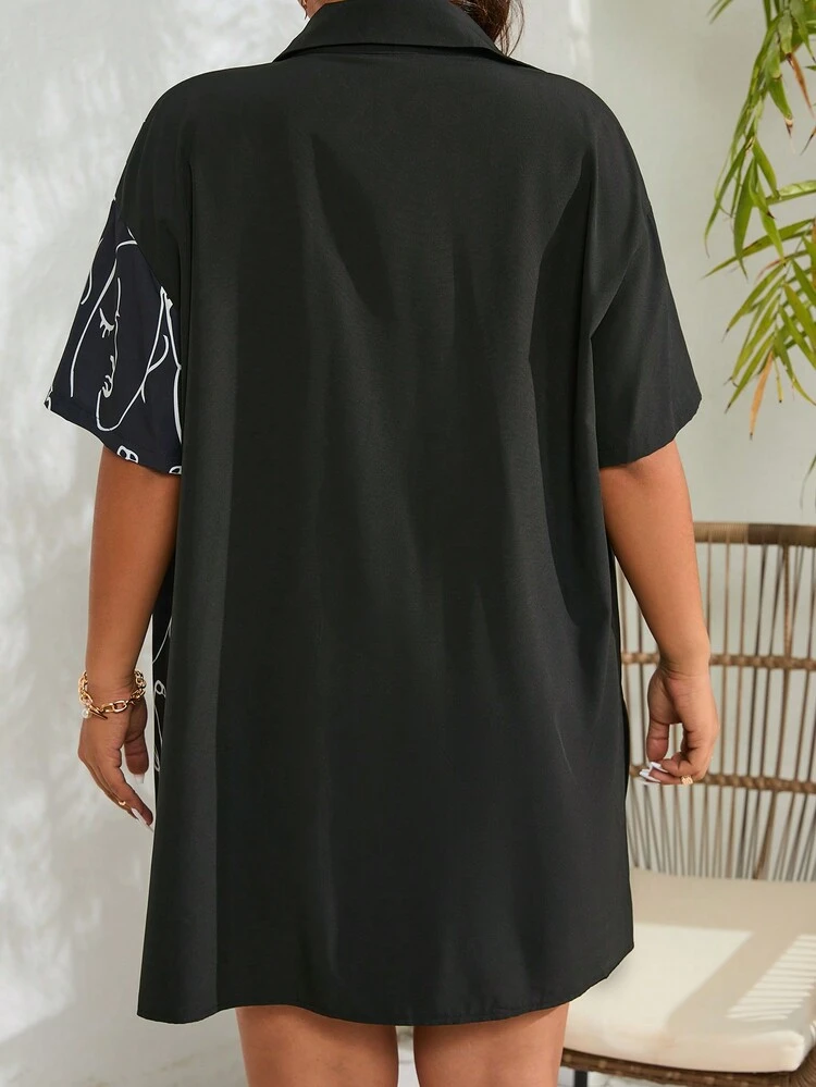 Plus Size Face Print Short Sleeve Shirt And Shorts Two-Piece Set