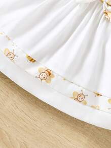 Baby Girl Lovely Bee Print Bubble Sleeve Princess Dress With Bow Headband For Summer