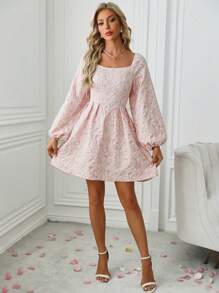 SHEIN Clasi 有紋理3d花卉印花洋裝 - 粉色 - 查看 3