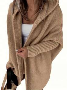 Casual Long Sleeve Hooded Knitted Cardigan, Autumn/Winter - Khaki - View 3